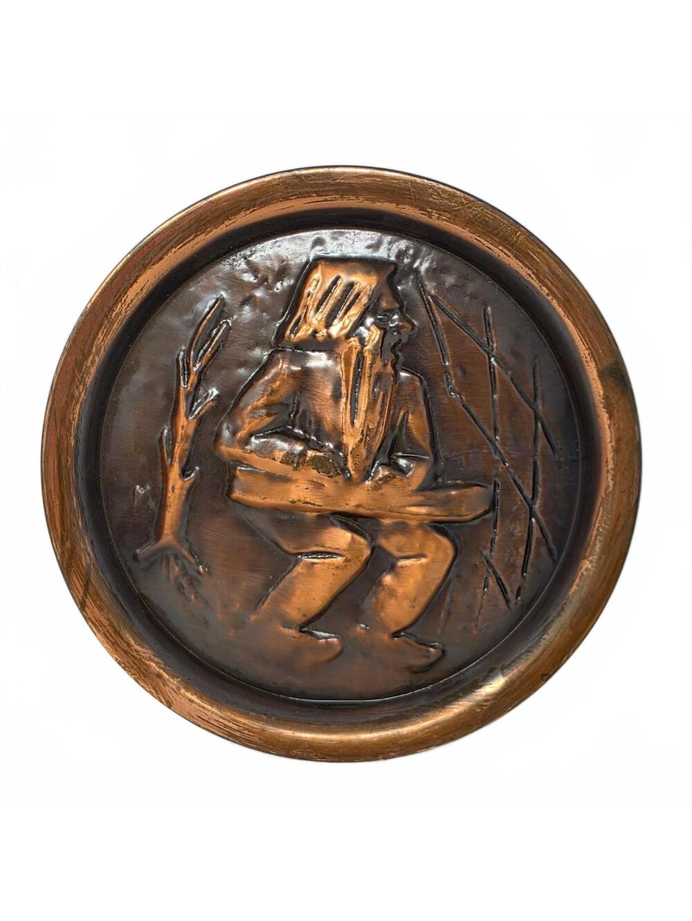 Vintage Finnish Copper Kantele Player Wall Plaque, 9 Inch